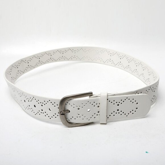 Faux Leather Perforated Die Cut Belt White Silver Buckle Retro Y2K - Picture 7 of 8